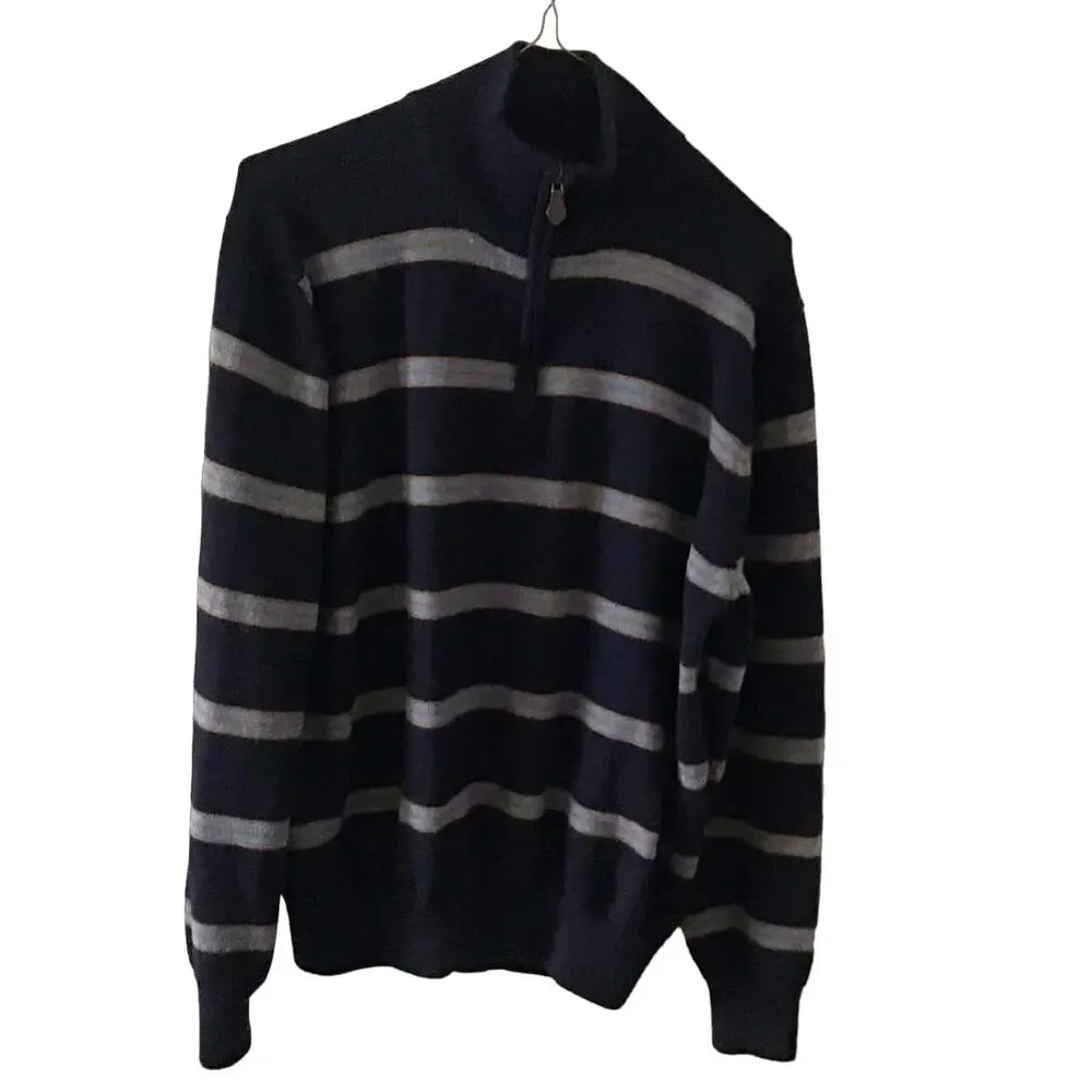 346 Brooks Brothers Navy Striped Extra Fine Italian Merino Wool 1/4 Zip Sweater